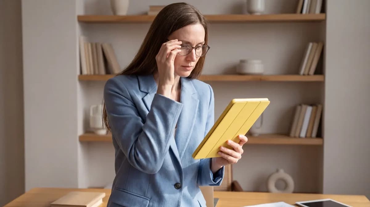 En dame som ser nøye over informasjon om lønnsoutsourcing